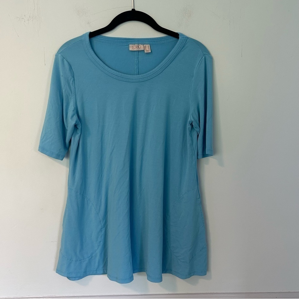 LOGO By LORI GOLDSTEIN Blue Short Sleeve Blouse Size Small